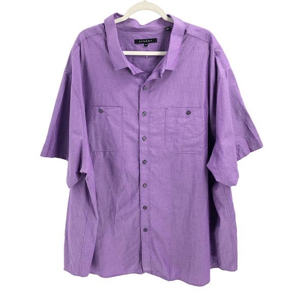 Synergy Mens Size 4XL Short Sleeve Button-Up Collared Shirt in Purple Check - Picture 1 of 6